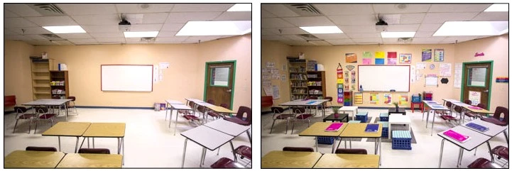 Before and after pictures of the same classroom, showing how much money and effort goes into getting ready for back-to-school